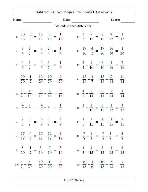 The Subtracting Two Proper Fractions with Similar Denominators, Proper Fractions Results and No Simplifying (H) Math Worksheet Page 2