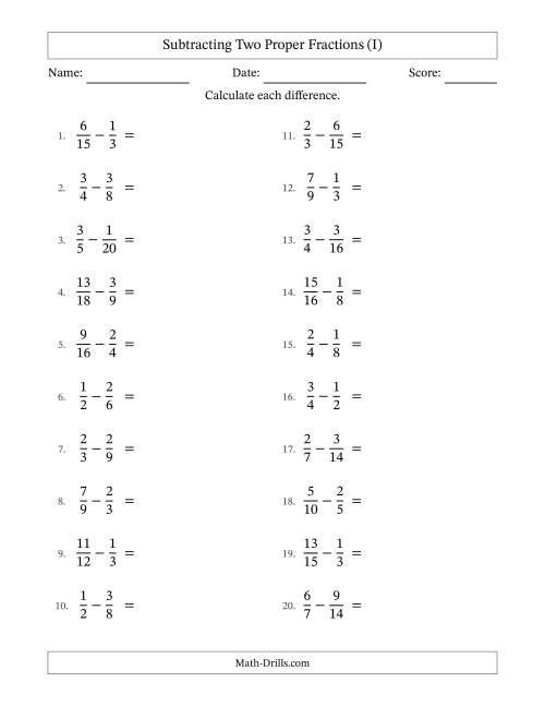 The Subtracting Two Proper Fractions with Similar Denominators, Proper Fractions Results and No Simplifying (I) Math Worksheet