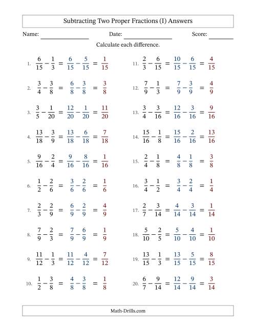 The Subtracting Two Proper Fractions with Similar Denominators, Proper Fractions Results and No Simplifying (I) Math Worksheet Page 2