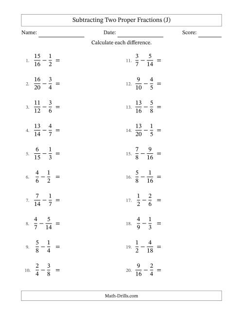 The Subtracting Two Proper Fractions with Similar Denominators, Proper Fractions Results and No Simplifying (J) Math Worksheet