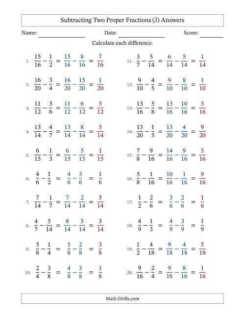 The Subtracting Two Proper Fractions with Similar Denominators, Proper Fractions Results and No Simplifying (J) Math Worksheet Page 2