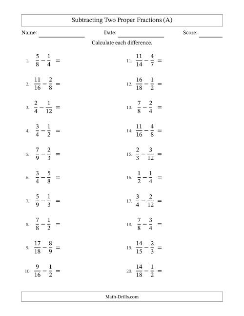 The Subtracting Two Proper Fractions with Similar Denominators, Proper Fractions Results and No Simplifying (All) Math Worksheet