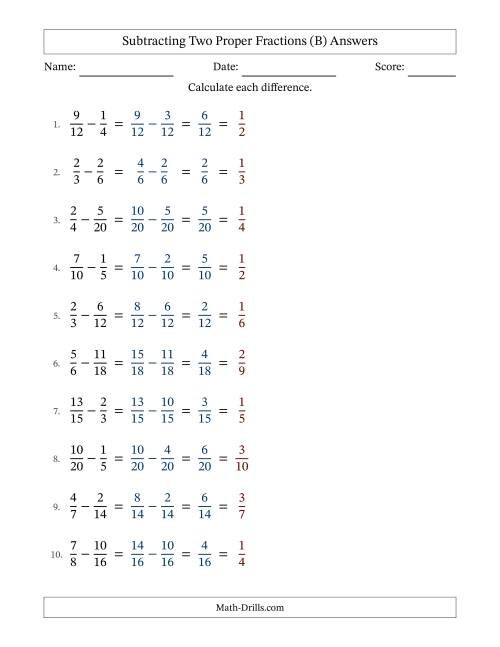 The Subtracting Two Proper Fractions with Similar Denominators, Proper Fractions Results and All Simplifying (B) Math Worksheet Page 2