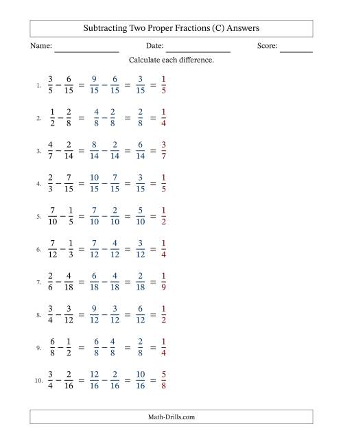 The Subtracting Two Proper Fractions with Similar Denominators, Proper Fractions Results and All Simplifying (C) Math Worksheet Page 2