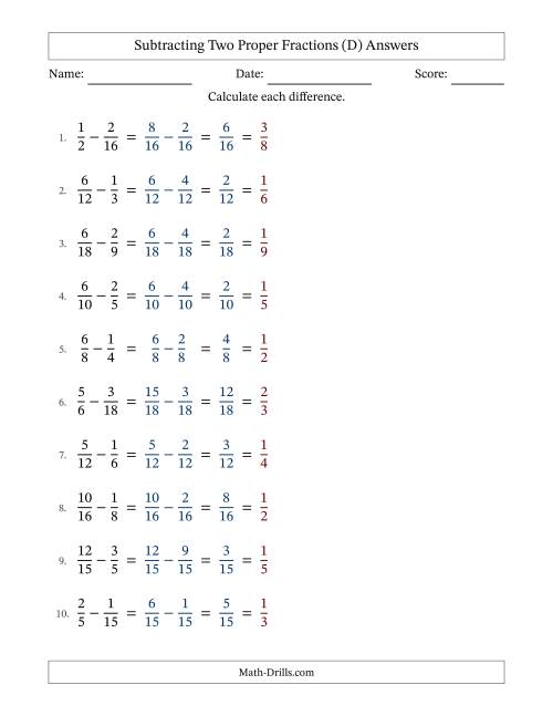 The Subtracting Two Proper Fractions with Similar Denominators, Proper Fractions Results and All Simplifying (D) Math Worksheet Page 2