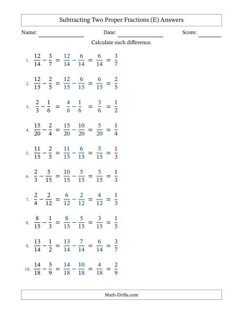 The Subtracting Two Proper Fractions with Similar Denominators, Proper Fractions Results and All Simplifying (E) Math Worksheet Page 2