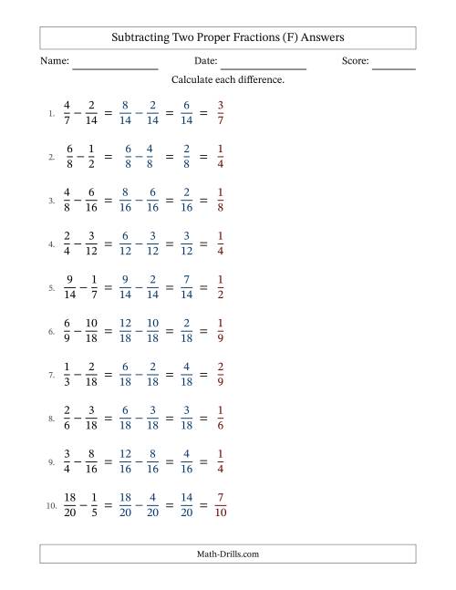 The Subtracting Two Proper Fractions with Similar Denominators, Proper Fractions Results and All Simplifying (F) Math Worksheet Page 2