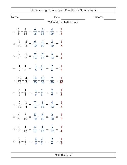The Subtracting Two Proper Fractions with Similar Denominators, Proper Fractions Results and All Simplifying (G) Math Worksheet Page 2