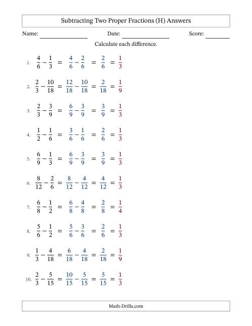The Subtracting Two Proper Fractions with Similar Denominators, Proper Fractions Results and All Simplifying (H) Math Worksheet Page 2