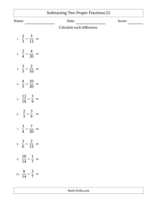 The Subtracting Two Proper Fractions with Similar Denominators, Proper Fractions Results and All Simplifying (I) Math Worksheet