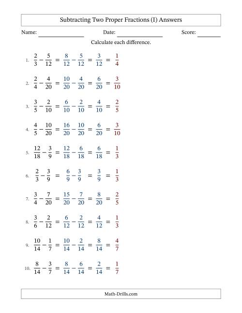 The Subtracting Two Proper Fractions with Similar Denominators, Proper Fractions Results and All Simplifying (I) Math Worksheet Page 2