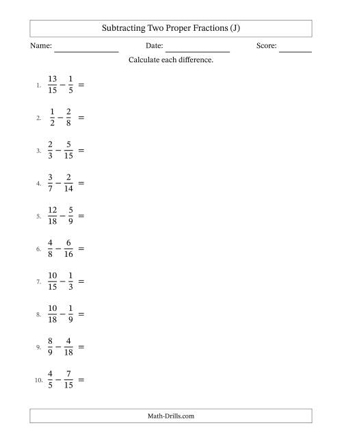 The Subtracting Two Proper Fractions with Similar Denominators, Proper Fractions Results and All Simplifying (J) Math Worksheet