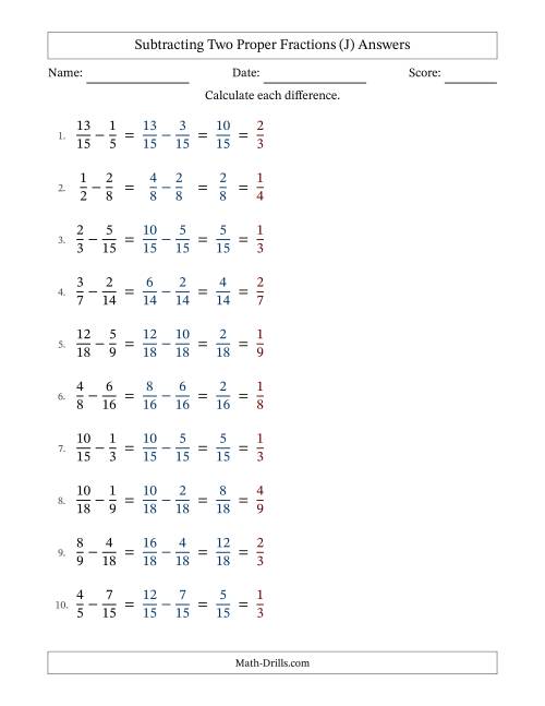 The Subtracting Two Proper Fractions with Similar Denominators, Proper Fractions Results and All Simplifying (J) Math Worksheet Page 2