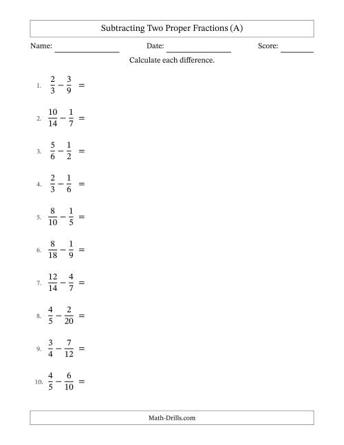 The Subtracting Two Proper Fractions with Similar Denominators, Proper Fractions Results and All Simplifying (All) Math Worksheet