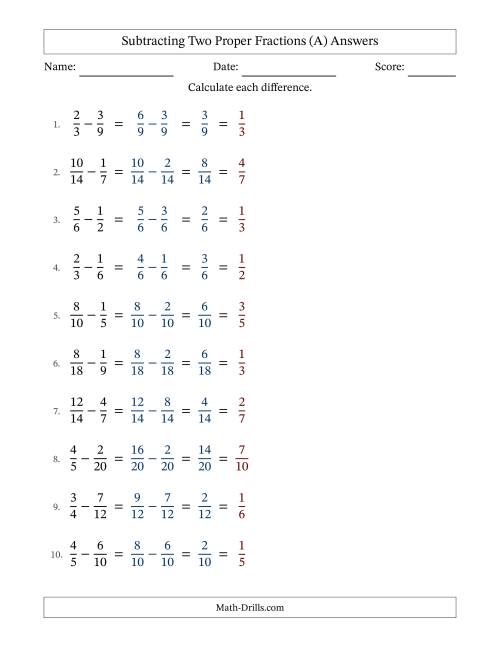 The Subtracting Two Proper Fractions with Similar Denominators, Proper Fractions Results and All Simplifying (All) Math Worksheet Page 2