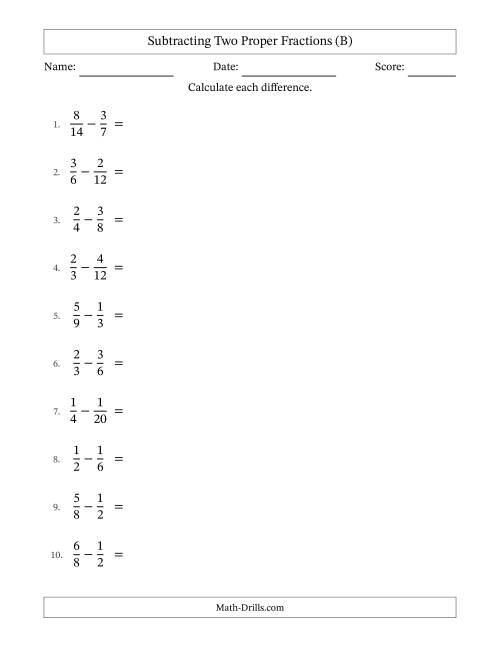 The Subtracting Two Proper Fractions with Similar Denominators, Proper Fractions Results and Some Simplifying (B) Math Worksheet