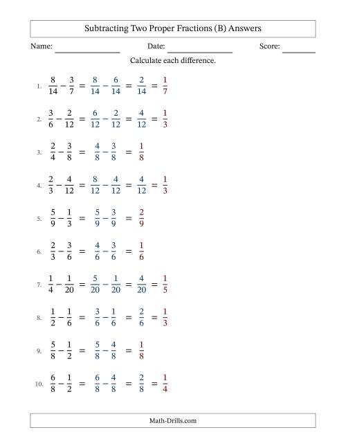 The Subtracting Two Proper Fractions with Similar Denominators, Proper Fractions Results and Some Simplifying (B) Math Worksheet Page 2