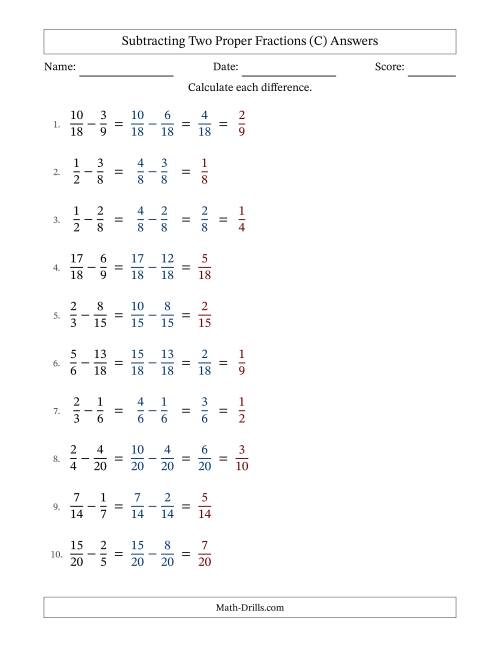 The Subtracting Two Proper Fractions with Similar Denominators, Proper Fractions Results and Some Simplifying (C) Math Worksheet Page 2