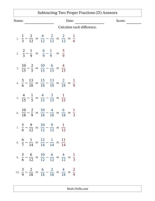 The Subtracting Two Proper Fractions with Similar Denominators, Proper Fractions Results and Some Simplifying (D) Math Worksheet Page 2