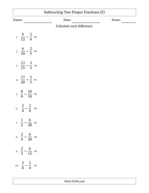 The Subtracting Two Proper Fractions with Similar Denominators, Proper Fractions Results and Some Simplifying (E) Math Worksheet