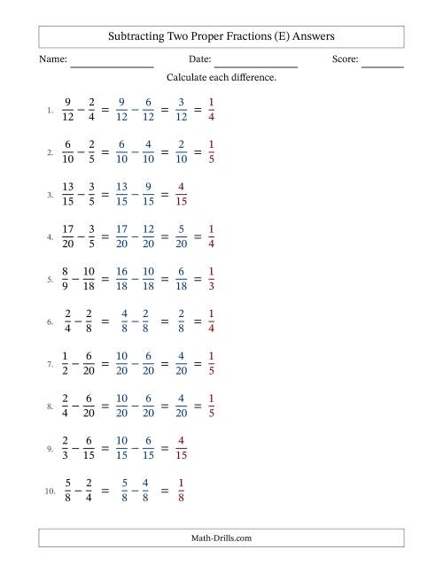 The Subtracting Two Proper Fractions with Similar Denominators, Proper Fractions Results and Some Simplifying (E) Math Worksheet Page 2