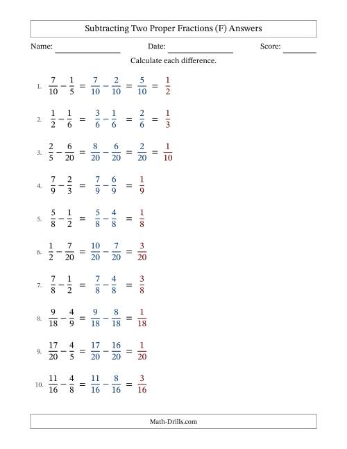 The Subtracting Two Proper Fractions with Similar Denominators, Proper Fractions Results and Some Simplifying (F) Math Worksheet Page 2