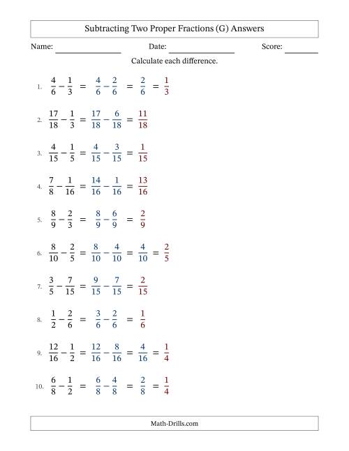 The Subtracting Two Proper Fractions with Similar Denominators, Proper Fractions Results and Some Simplifying (G) Math Worksheet Page 2