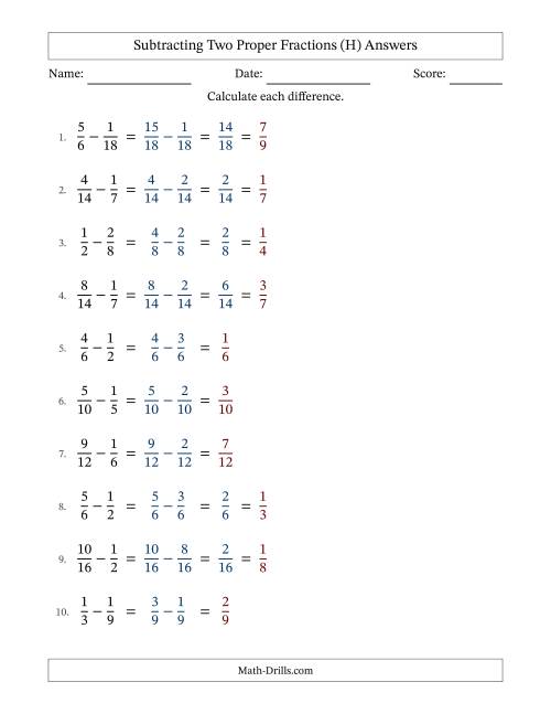The Subtracting Two Proper Fractions with Similar Denominators, Proper Fractions Results and Some Simplifying (H) Math Worksheet Page 2