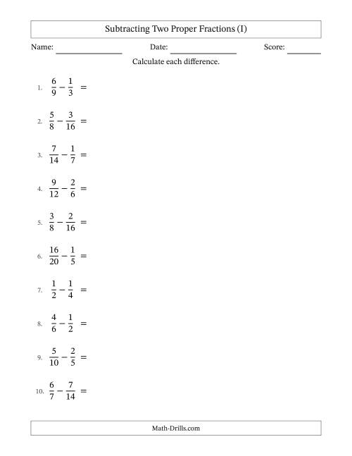 The Subtracting Two Proper Fractions with Similar Denominators, Proper Fractions Results and Some Simplifying (I) Math Worksheet