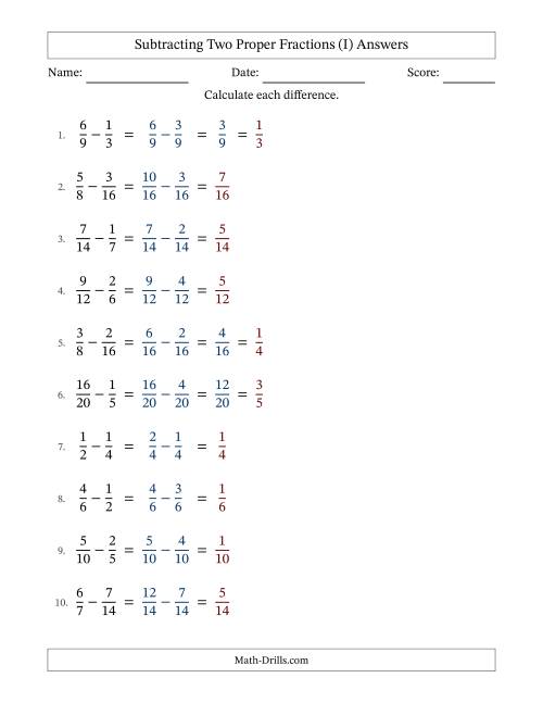 The Subtracting Two Proper Fractions with Similar Denominators, Proper Fractions Results and Some Simplifying (I) Math Worksheet Page 2