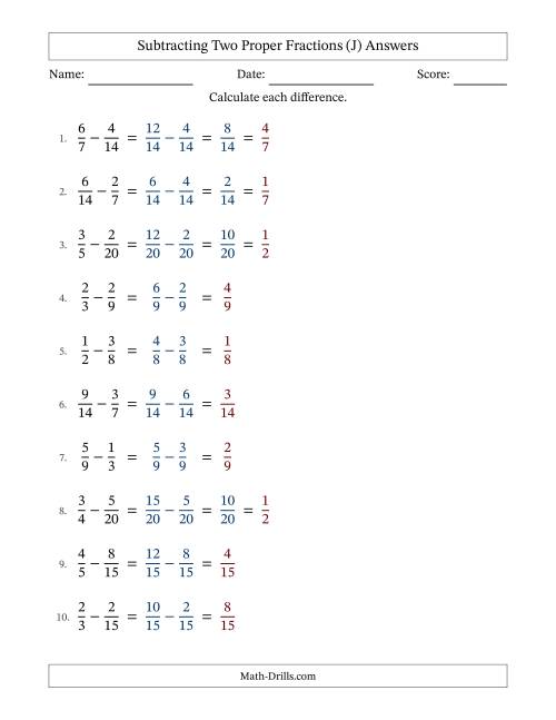 The Subtracting Two Proper Fractions with Similar Denominators, Proper Fractions Results and Some Simplifying (J) Math Worksheet Page 2