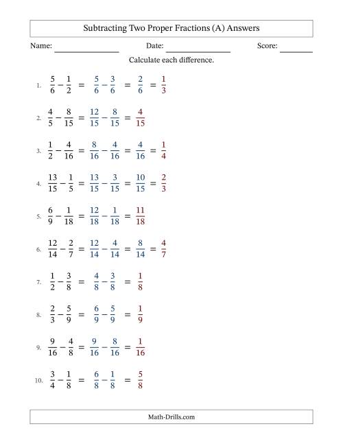 The Subtracting Two Proper Fractions with Similar Denominators, Proper Fractions Results and Some Simplifying (All) Math Worksheet Page 2