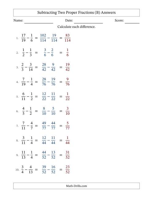 The Subtracting Two Proper Fractions with Unlike Denominators, Proper Fractions Results and No Simplifying (B) Math Worksheet Page 2