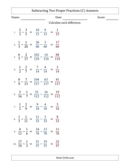 The Subtracting Two Proper Fractions with Unlike Denominators, Proper Fractions Results and No Simplifying (C) Math Worksheet Page 2