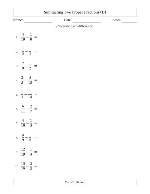 The Subtracting Two Proper Fractions with Unlike Denominators, Proper Fractions Results and No Simplifying (D) Math Worksheet