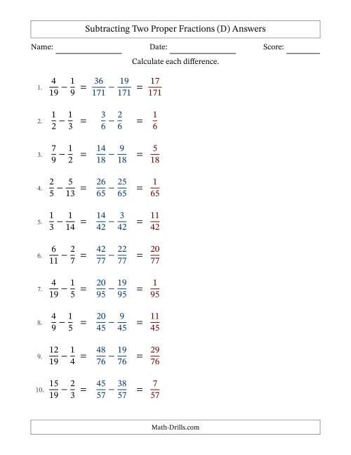 The Subtracting Two Proper Fractions with Unlike Denominators, Proper Fractions Results and No Simplifying (D) Math Worksheet Page 2