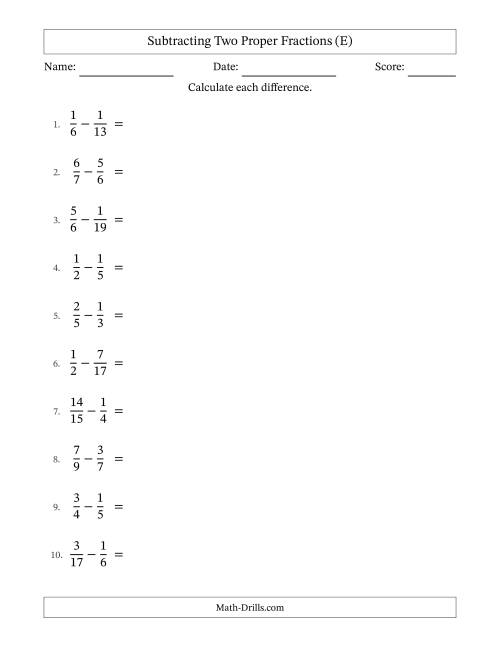 The Subtracting Two Proper Fractions with Unlike Denominators, Proper Fractions Results and No Simplifying (E) Math Worksheet