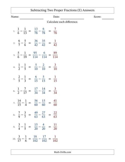 The Subtracting Two Proper Fractions with Unlike Denominators, Proper Fractions Results and No Simplifying (E) Math Worksheet Page 2