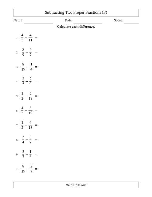 The Subtracting Two Proper Fractions with Unlike Denominators, Proper Fractions Results and No Simplifying (F) Math Worksheet