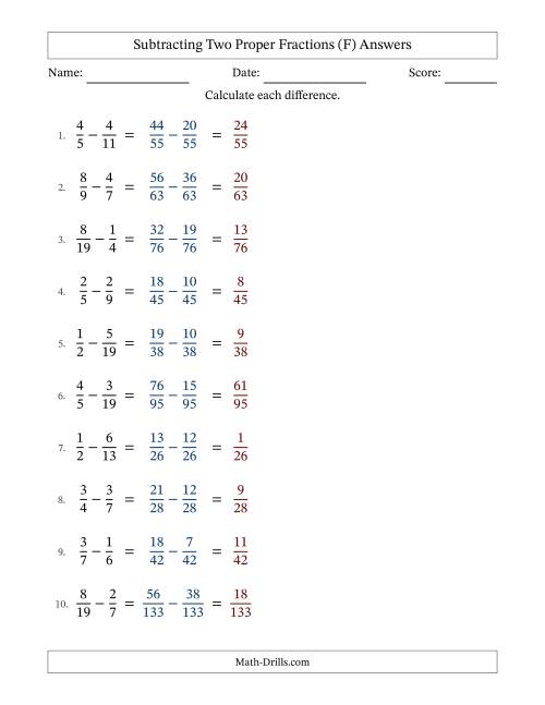 The Subtracting Two Proper Fractions with Unlike Denominators, Proper Fractions Results and No Simplifying (F) Math Worksheet Page 2
