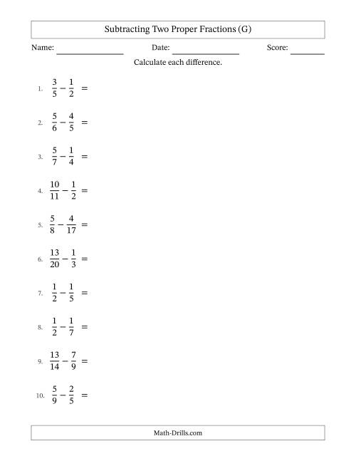 The Subtracting Two Proper Fractions with Unlike Denominators, Proper Fractions Results and No Simplifying (G) Math Worksheet