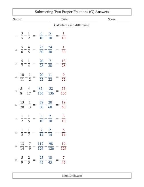 The Subtracting Two Proper Fractions with Unlike Denominators, Proper Fractions Results and No Simplifying (G) Math Worksheet Page 2