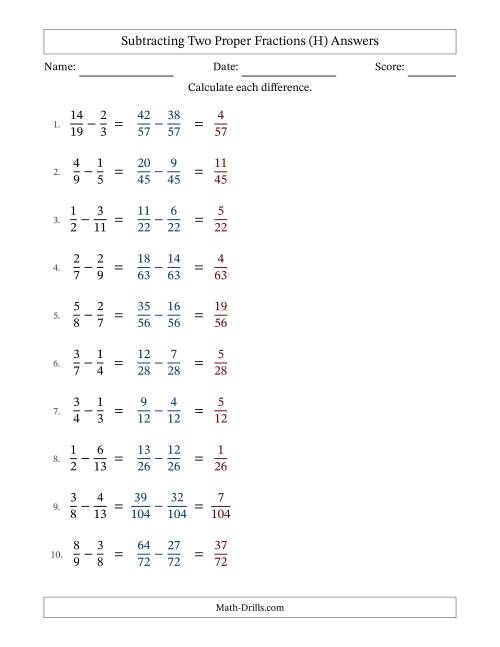 The Subtracting Two Proper Fractions with Unlike Denominators, Proper Fractions Results and No Simplifying (H) Math Worksheet Page 2