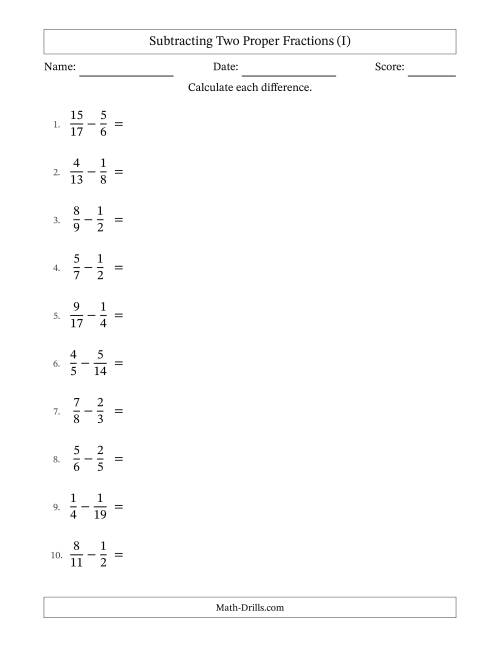 The Subtracting Two Proper Fractions with Unlike Denominators, Proper Fractions Results and No Simplifying (I) Math Worksheet
