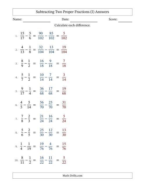 The Subtracting Two Proper Fractions with Unlike Denominators, Proper Fractions Results and No Simplifying (I) Math Worksheet Page 2