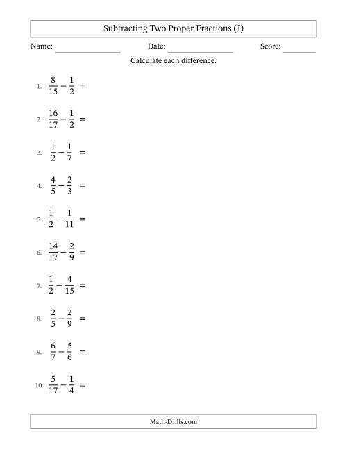 The Subtracting Two Proper Fractions with Unlike Denominators, Proper Fractions Results and No Simplifying (J) Math Worksheet