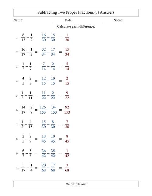 The Subtracting Two Proper Fractions with Unlike Denominators, Proper Fractions Results and No Simplifying (J) Math Worksheet Page 2