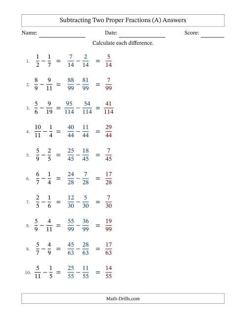The Subtracting Two Proper Fractions with Unlike Denominators, Proper Fractions Results and No Simplifying (All) Math Worksheet Page 2