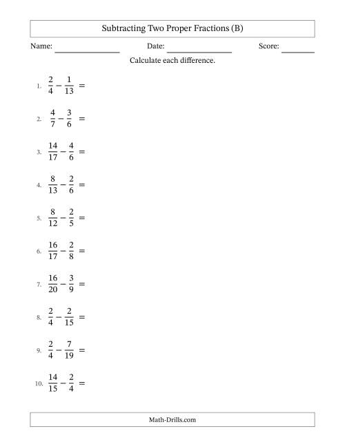 The Subtracting Two Proper Fractions with Unlike Denominators, Proper Fractions Results and All Simplifying (B) Math Worksheet