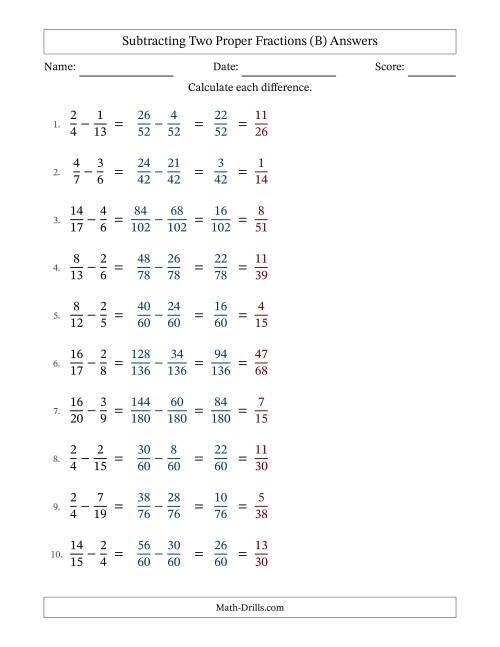 The Subtracting Two Proper Fractions with Unlike Denominators, Proper Fractions Results and All Simplifying (B) Math Worksheet Page 2